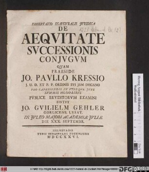 Dissertatio Inavgvralis Jvridica De Aeqvitate Svccessionis Conjvgvm