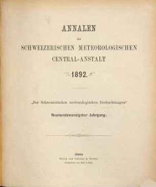 Annalen der Schweizerischen Meteorologischen Zentralanstalt. 29. 1892