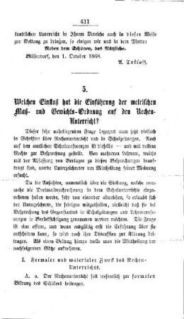 Welchen Einfluß hat die Einführung der metrischen Maß- und Gewichts- Ordnung auf den Rechen-Unterricht?