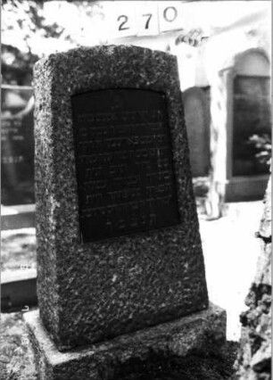 Grabstein 270 (Index: 100094525) Material: Granit Zustand: gut Maße HxBxT: 118x70x42 cm Beschreibung: konische Stele, Sockel, Segmentbogenabschluß, Schriftplatte: Grabstein 270