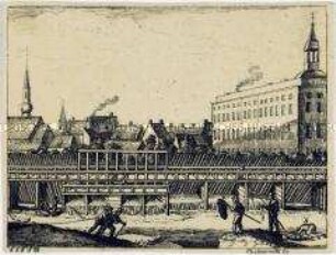 Stadtansicht mit Fluss, Schleusenanlage und Fischern - ausgeschnittene Illustration aus J. B. Basedows "Elementarwerk"