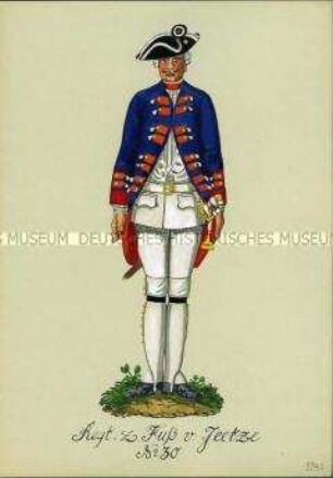 Uniformdarstellung, Gemeiner des Infanterie-Regiments (von Jeetze) No. 30, Preußen, 1741.