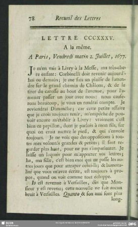 Lettre CCCXXXV. A la même. A Paris, Vendredi matin 2. Juillet, 1677