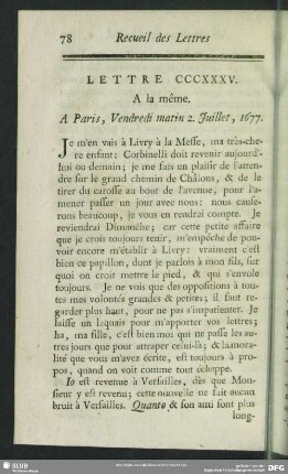 Lettre CCCXXXV. A la même. A Paris, Vendredi matin 2. Juillet, 1677