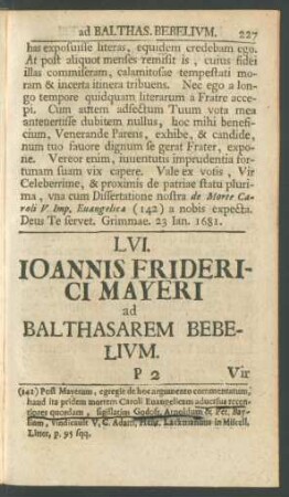 LVI. Ioannis Friderici Mayeri ad Balthasarem Bebelium