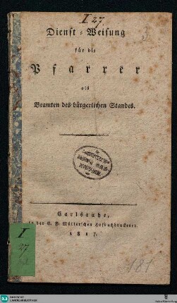 Dienst-Weisung für die Pfarrer als Beamten des bürgerlichen Standes