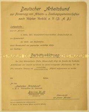 Programmatisches Informationsblatt des Deutschen Arbeitsbundes mit Beitrittserklärung