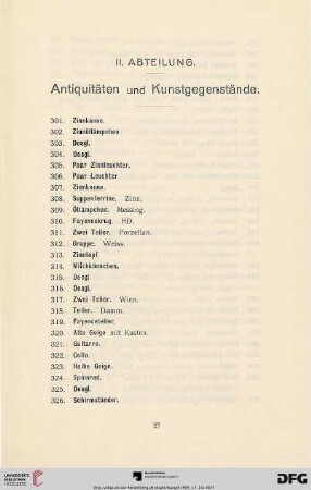II. Abteilung. Antiquitäten und Kunstgegenstände (Nr. 301-724)