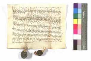 Freitag vor Kilian; Cuntz Lynck, Bürger zu Ingelfingen, begibt sich in die Leibeigenschaft bei Herrn Albrecht von Hohenlohe; Siegel: Hans Trüftehusen und Cunz von Vinawe (Veinau).