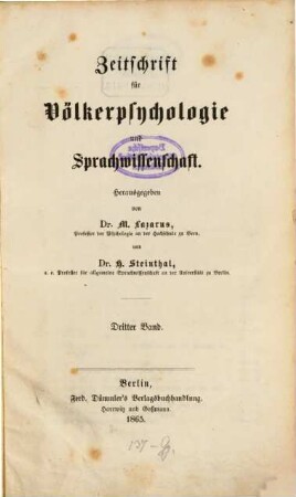 Zeitschrift für Völkerpsychologie und Sprachwissenschaft. 3, 3. 1865
