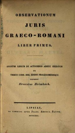 Observationes Iuris Graeco-Romani : Liber primus