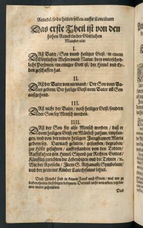 "[...] von den hohen Artickeln der Göttlichen Maiestät [...]"