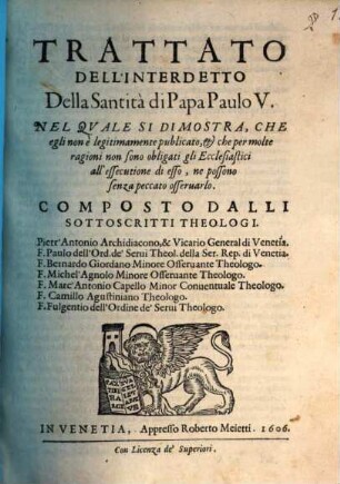 Trattato dell'interdetto della Santità di Papa Paulo V