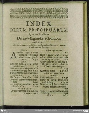 Index Rerum Praecipuarum Quae In Tractatu De investigandis actionibus continentur