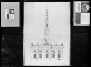 Longuelune, Zacharias (1669-1748). Dresden. Entwurd zum Pyramidengebäude (Blockhaus) in dDresden. Front zum Neustädter Markt. Lavierte Federzeichnung, um 1731. Dresden, Sächsisches Staatsarchiv XXVI.96.12.g