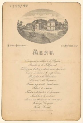 Menükarte : Menü, Schloß Slawentztitz
