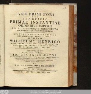 De Ivre Primi Fori Sive Beneficio Primae Instantiae Ordinibvs Imperii Perfecte Pleneqve Impertiendo Nec Restricte Posthac Praefiniendo