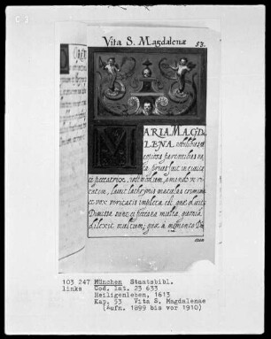 Heiligenleben — Vignette mit ornamentalem Schmuck, zwei Engeln mit Passionswerkzeugen und einem Totenschädel