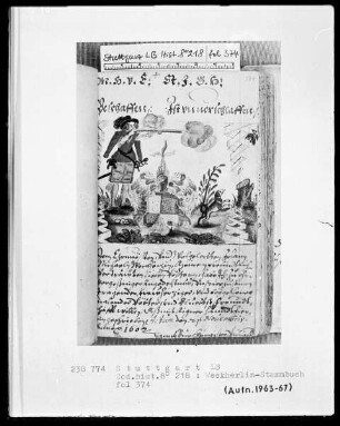 Stammbuch des Johannes Michael Weckherlin — Jäger mit Wappen, Folio 374recto