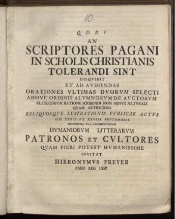 An Scriptores Pagani In Scholis Christianis Tolerandi Sint