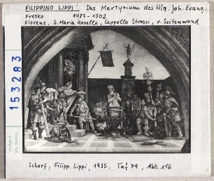 Filippino Lippi: Das Martyrium des Heiligen Johannes Evangelist. Florenz, Santa Maria Novella, Capella Strozzi, rechte Seitenwand