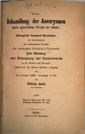 Ueber Behandlung der Aneurysmen durch spitzwinklige Flexion der Glieder : chirurgische Inaugural-Dissertation
