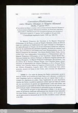 (62) Convention d'Établissement entre l'Empire Ottoman et l'Empire Allemand (Berlin, 11 janvier 1917)