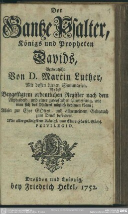 Der Gantze Psalter, Königs und Propheten Davids