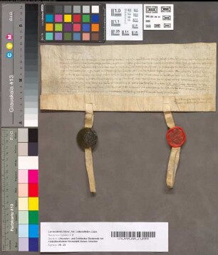Belofte van Johanna, Vrouwe van Brederode en Gennep, om Johan, Heer van Brederode, Walraven en Willem van Brederode, haar zoons, niet te zullen onterven, wat Gennep betrof, 27 Maart 1394. Perkament met 2 stukken van uithangende zegels.