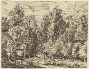 Landschaft mit hohen Bäumen und antikischer Staffage
