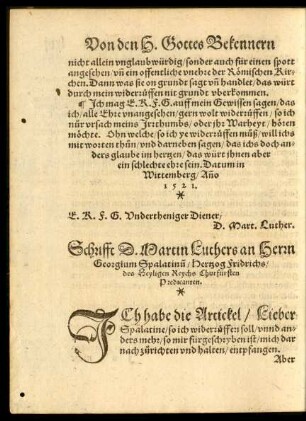 Schrifft D. Martin Luthers an Herrn Georgium Spalatinum ...