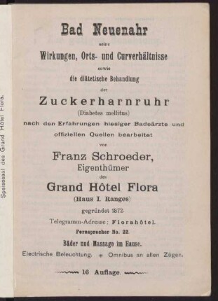 Bad Neuenahr seine Wirkungen, Orts- und Curverhältnisse sowie diätetische Behandlung der Zuckerharnruhr (Diabetes mellitus)