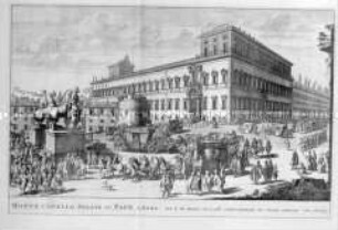 Monte Cavallo, Palais des Papstes in Rom - Ansicht mit belebtem Platz (wohl aus Mortier, Theatrum civitatum nach Blaeu)