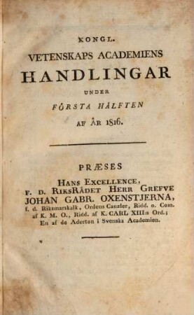 Kungliga Svenska Vetenskapsakademiens handlingar. 1816