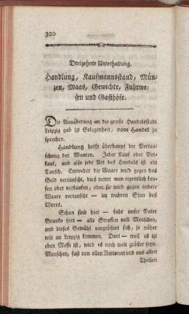 Dreizehnte Unterhaltung. Handlung, Kaufmannsstand, Münzen, Maas, Gewichte, Fuhrwesen und Gasthöfe.