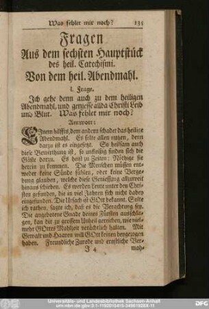 Fragen Aus dem sechsten Hauptstück des heil. Catechismi. Von dem heil. Abendmahl.