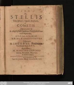 De Stellis Tam Usitatis; Quam Inusitatis, ac Cometis