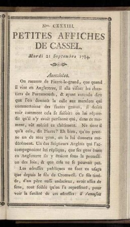No CXXXIII (Mardi 21 Sepembre 1784)