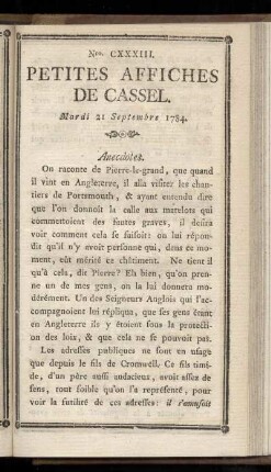 No CXXXIII (Mardi 21 Sepembre 1784)