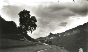 Sächsische Schweiz. Elbtal bei Schmilka-Hirschmühle. Blick vom linken Elbufer auf Gute-Bier-Wände und Schrammsteine