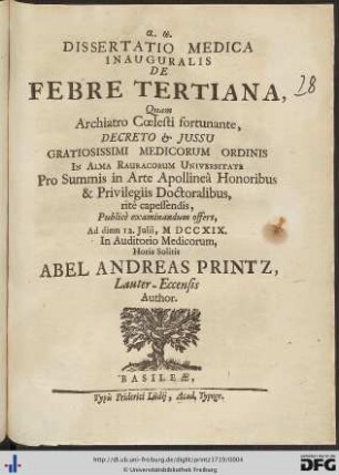 Dissertatio Medica Inauguralis De Febre Tertiana