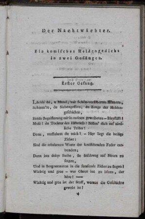 Der Nachtwächter. Ein komisches Heldengedicht in zwei Gesängen