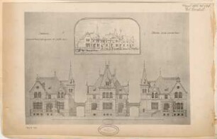 Wohnhausgruppe, Halle/Saale Monatskonkurrenz April 1884: Aufriss Straßenansicht, perspektivische Ansicht; Maßstabsleiste