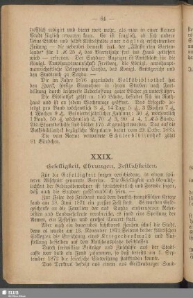 XXIX. Geselligkeit, Ehrungen, Festlichkeiten. XXX. Oeffentliche Anlagen und Plätze. XXXI. Gesundheitswesen und Gesundheitspolizei