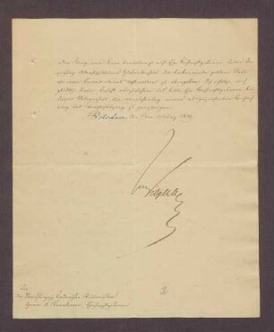 Job von Witzleben, Potsdam und Berlin, an Heinrich von Hennenhofer: - Auszeichnung für Hennenhofer; - Pressezensur; - Tod von Großherzogs Ludwig I. [von Baden].