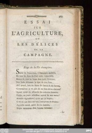 Essai Sur L'Agriculture, Ou Les Delices De La Campagne.