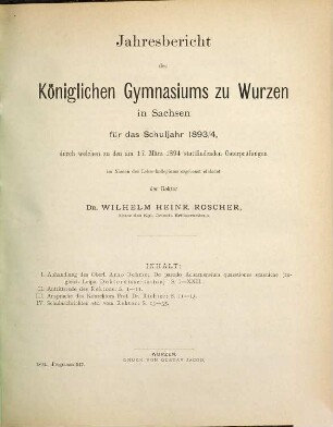 Jahresbericht des Königlichen Gymnasiums in Wurzen : für das Schuljahr ... ; wodurch zu den ... stattfindenden Osterprüfungen ... ergebenst einladet. 1893/94