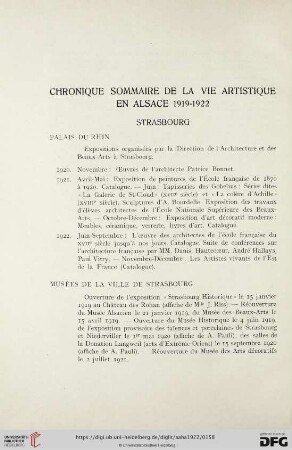 Chronique sommaire de la vie artistique en alsace. 1919-1922