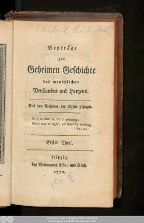 1: Beyträge zur Geheimen Geschichte des menschlichen Verstandes und Herzens : Aus den Archiven der Natur gezogen