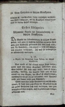 Erster Abschnitt. Allgemeine Regeln der Lebensordnung in hitzigen Krankheiten.